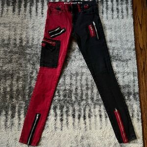 Two-Tone Red & Black Skinny Jeans